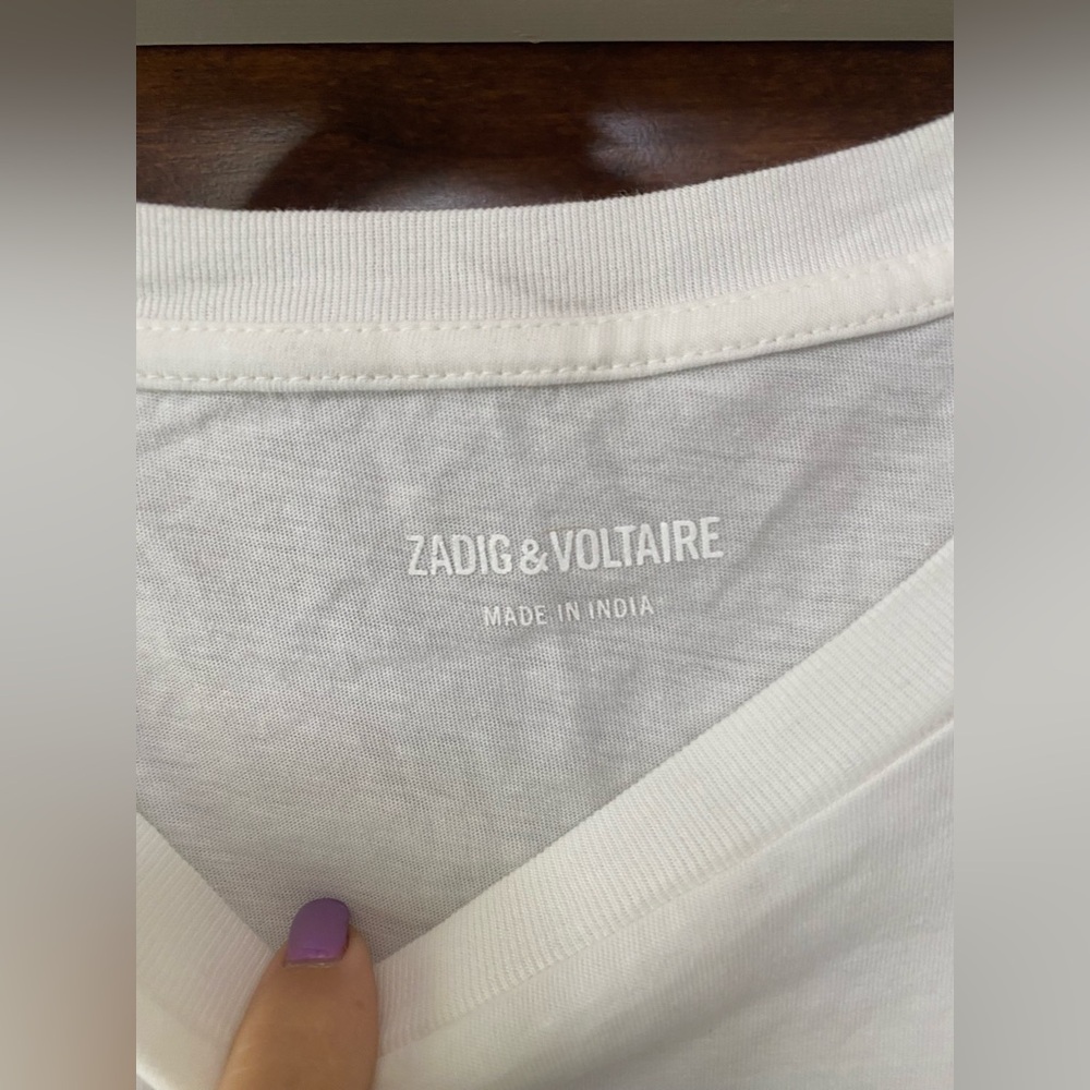 Zadig & Voltaire Women’s Ivory Big Heart with Black Rhinestones T-Shirt Sz L NWT - Picture 5 of 7